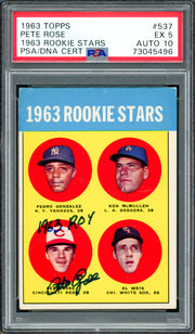 Pete Rose Autographed 1963 Topps Rookie Card #537 Cincinnati Reds PSA 5 Auto Grade Gem Mint 10 "1963 ROY" PSA/DNA #73045496