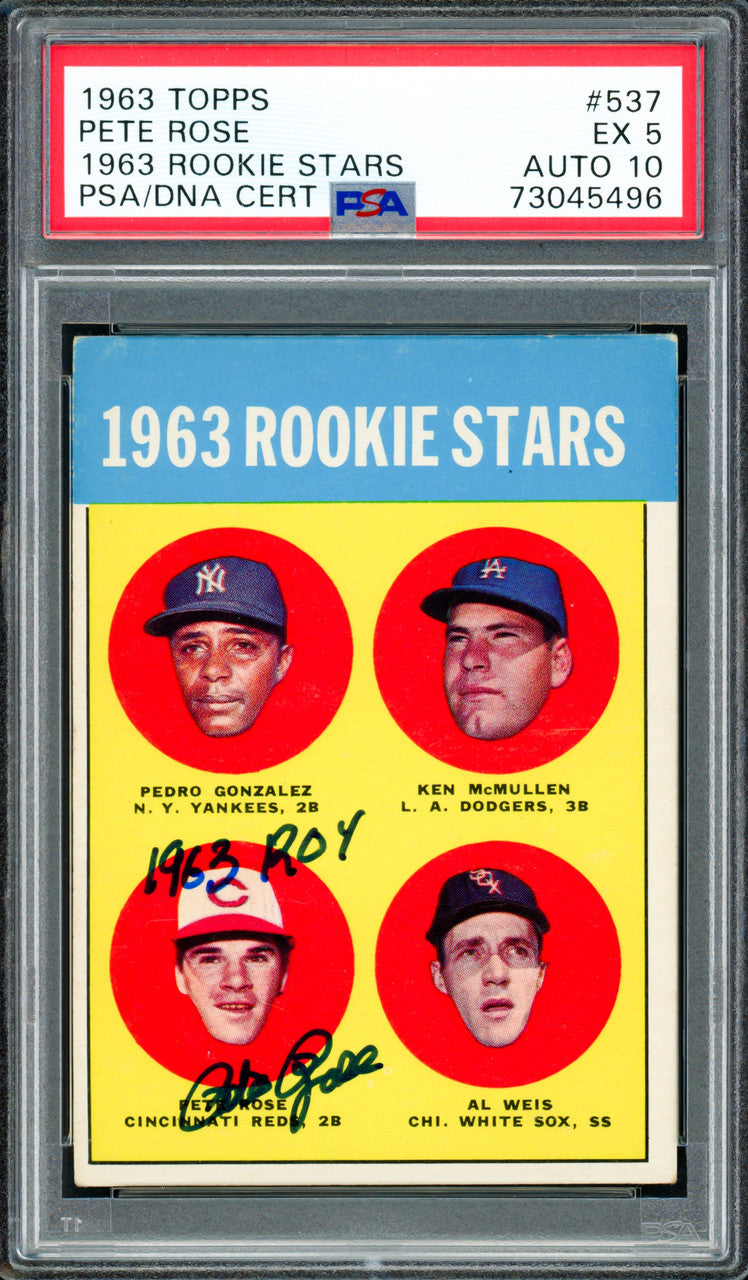 Pete Rose Autographed 1963 Topps Rookie Card #537 Cincinnati Reds PSA 5 Auto Grade Gem Mint 10 "1963 ROY" PSA/DNA #73045496