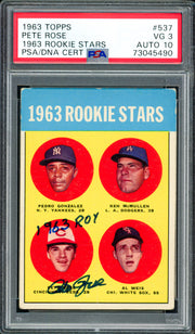 Pete Rose Autographed 1963 Topps Rookie Card #537 Cincinnati Reds PSA 3 Auto Grade Gem Mint 10 "1963 ROY" PSA/DNA #73045490