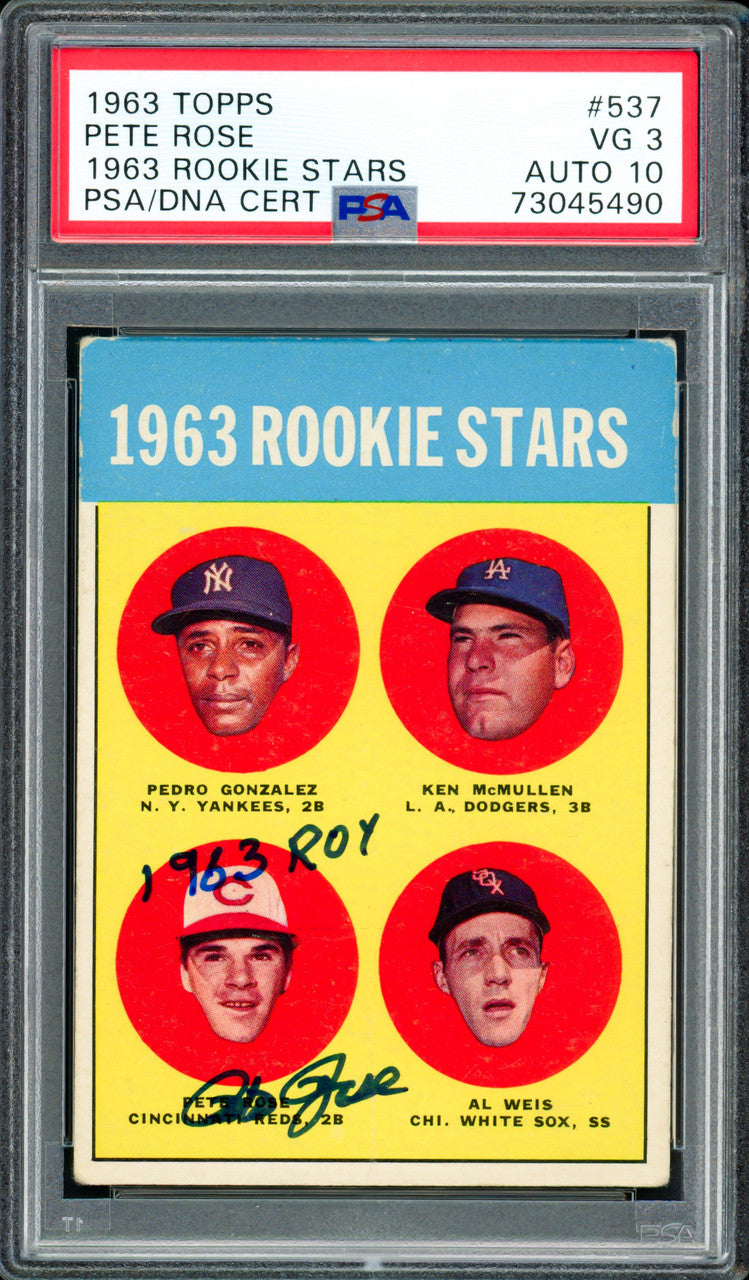 Pete Rose Autographed 1963 Topps Rookie Card #537 Cincinnati Reds PSA 3 Auto Grade Gem Mint 10 "1963 ROY" PSA/DNA #73045490
