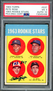 Pete Rose Autographed 1963 Topps Rookie Card #537 Cincinnati Reds PSA 3 Auto Grade Gem Mint 10 "1963 ROY" PSA/DNA #73045498