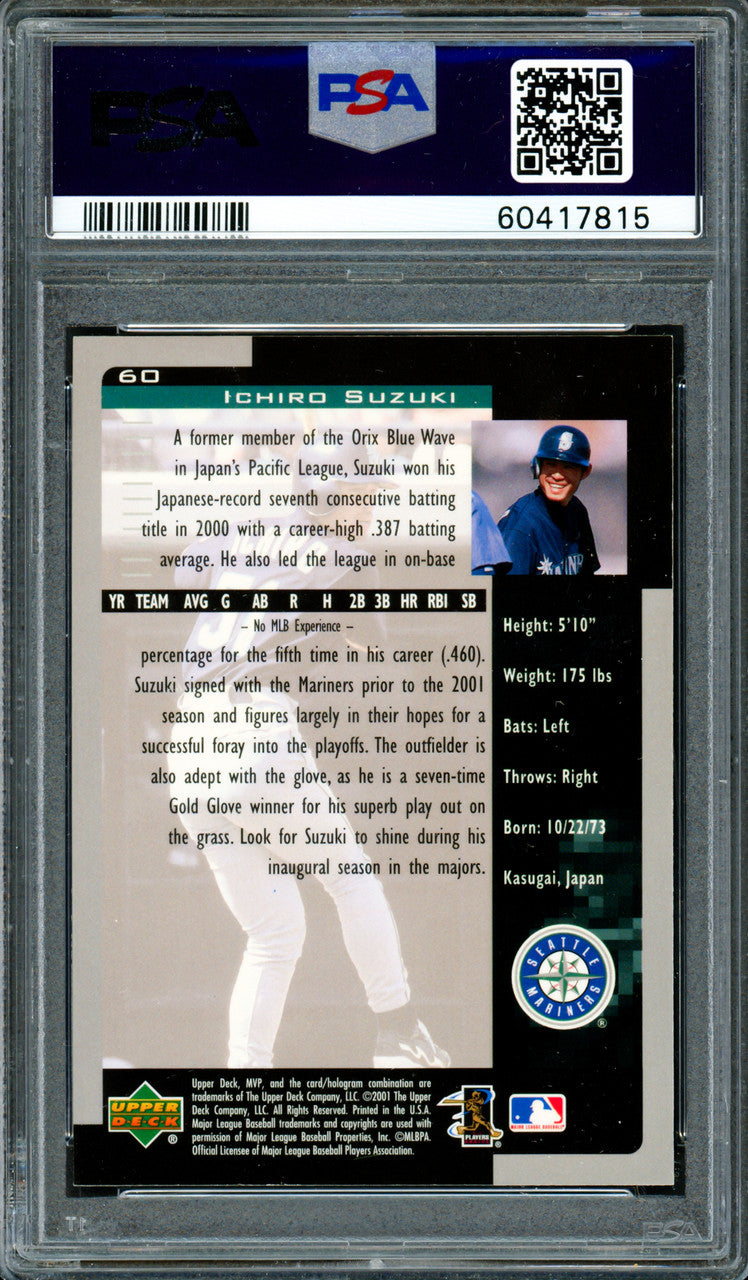 Ichiro Suzuki Autographed 2001 UD MVP Blue Rookie Card #60 Seattle Mariners PSA 9 Auto Grade Gem Mint 10 PSA/DNA #60417815