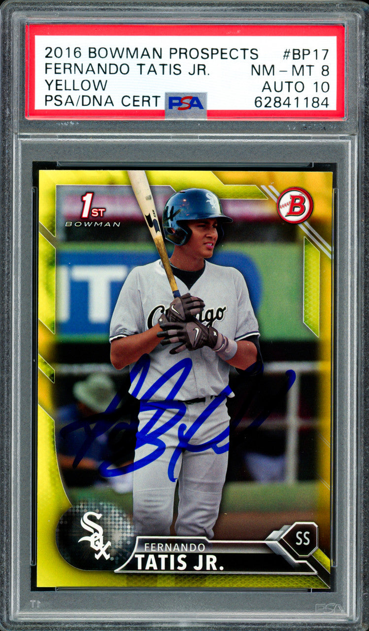 Fernando Tatis Jr. Autographed 2016 Bowman Prospects Yellow Rookie Card #BP17 San Diego Padres PSA 8 Auto Grade Gem Mint 10 PSA/DNA #62841184