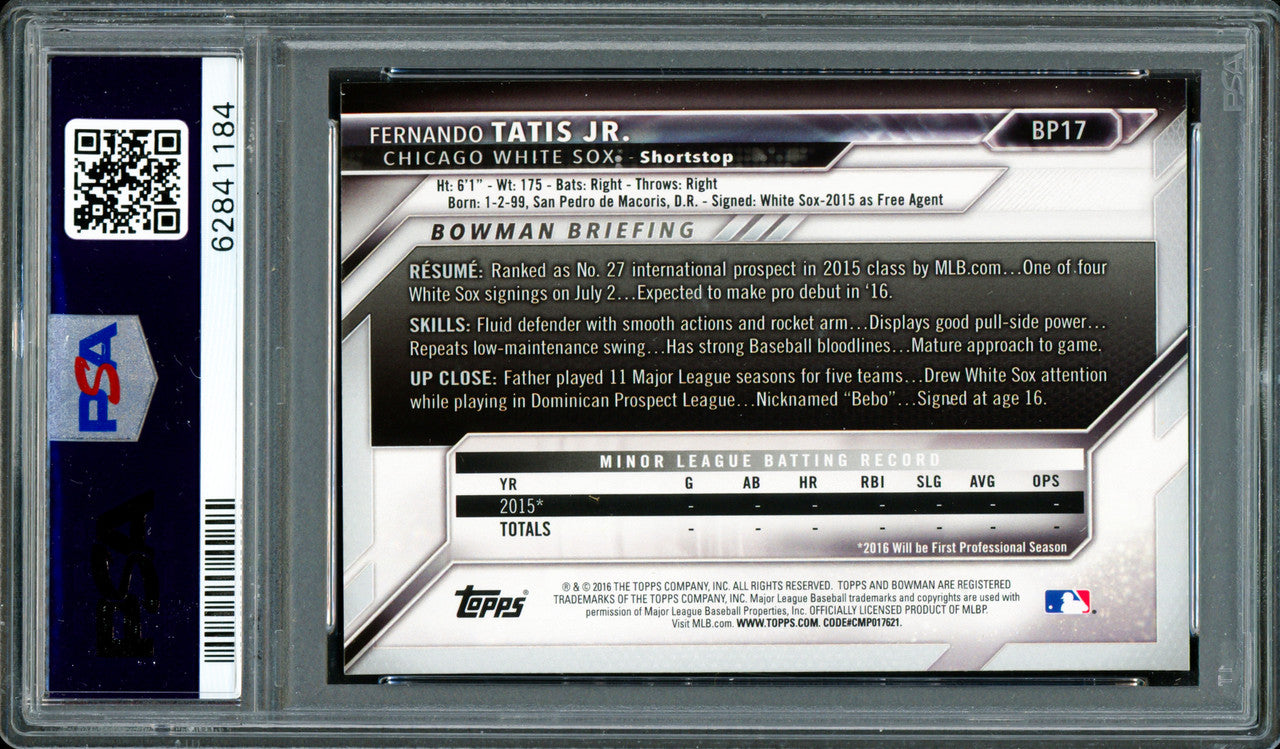 Fernando Tatis Jr. Autographed 2016 Bowman Prospects Yellow Rookie Card #BP17 San Diego Padres PSA 8 Auto Grade Gem Mint 10 PSA/DNA #62841184