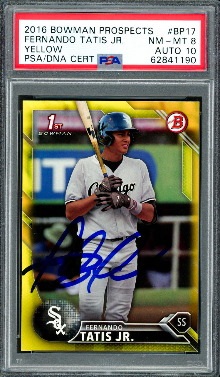 Fernando Tatis Jr. Autographed 2016 Bowman Prospects Yellow Rookie Card #BP17 San Diego Padres PSA 8 Auto Grade Gem Mint 10 PSA/DNA #62841190