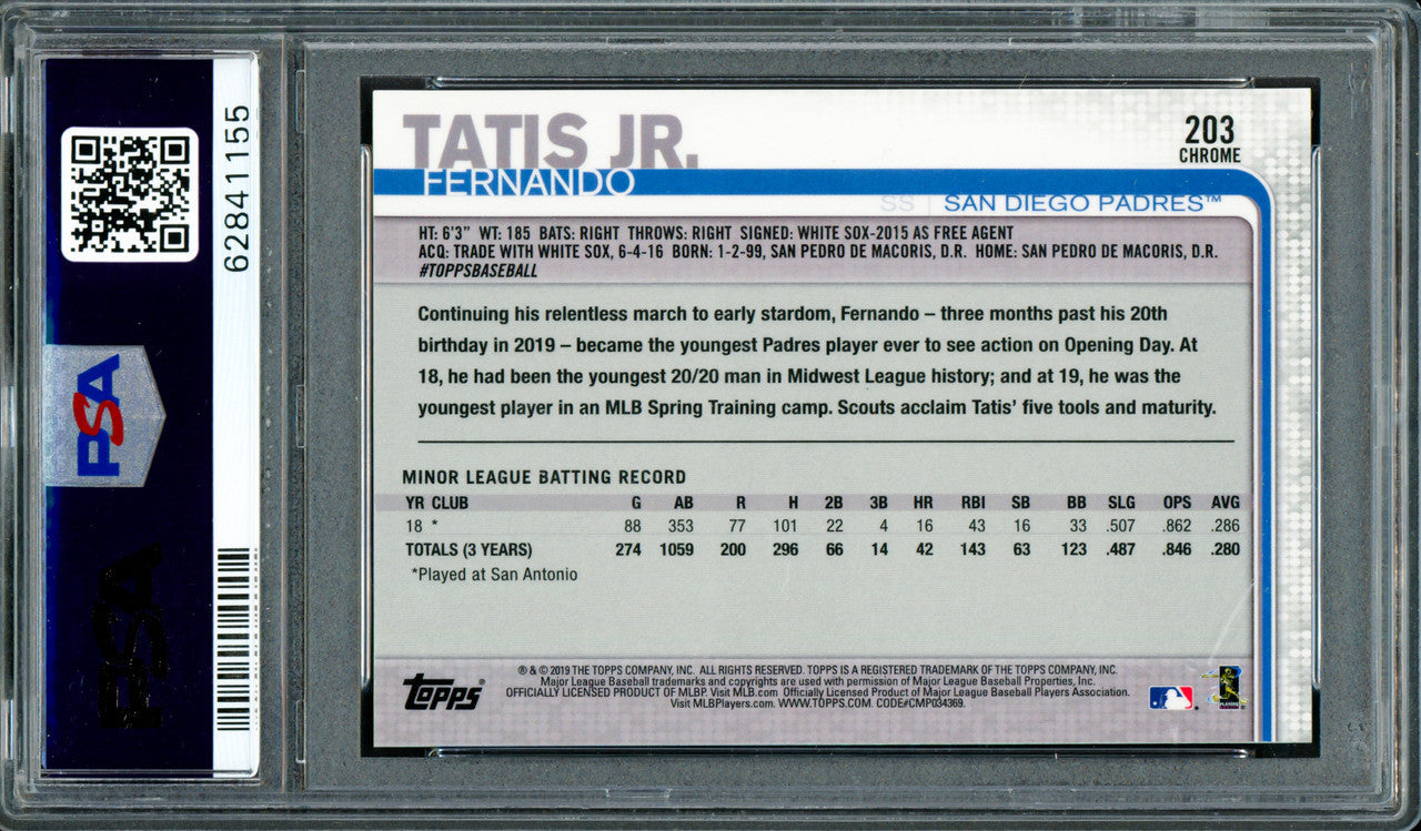 Fernando Tatis Jr. Autographed 2019 Topps Chrome Prism Refractor Rookie Card #203 San Diego Padres PSA 9 Auto Grade Gem Mint 10 PSA/DNA #62841155