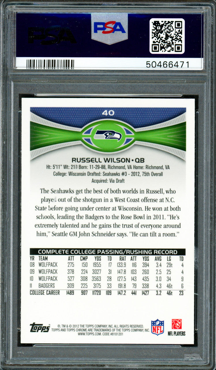 Russell Wilson Autographed 2012 Topps Chrome Rookie Card #40 Seattle Seahawks PSA 8 Auto Grade Mint 9 PSA/DNA #50466471