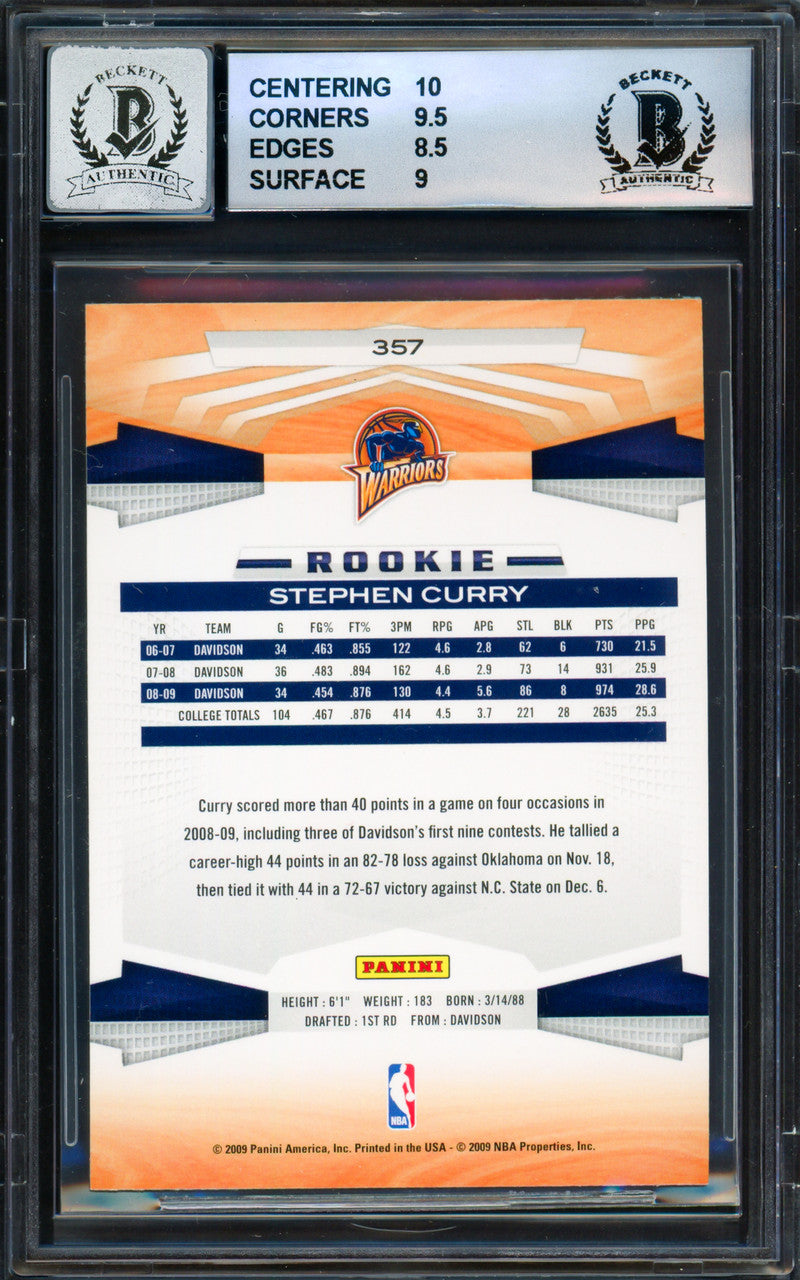 Stephen Curry Autographed 2009-10 Panini Rookie Card #357 Golden State Warriors BGS 9 Auto Grade Gem Mint 10 (Aftermarket Sticker) Beckett BAS #18113333