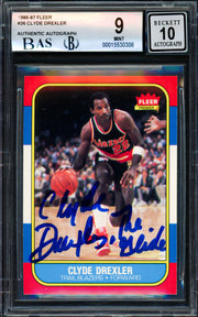 Clyde Drexler Autographed 1986 Fleer "The Glide" Rookie Card #26 Portland Trail Blazers BGS 9 Auto Grade Gem Mint 10 Beckett BAS #15530308
