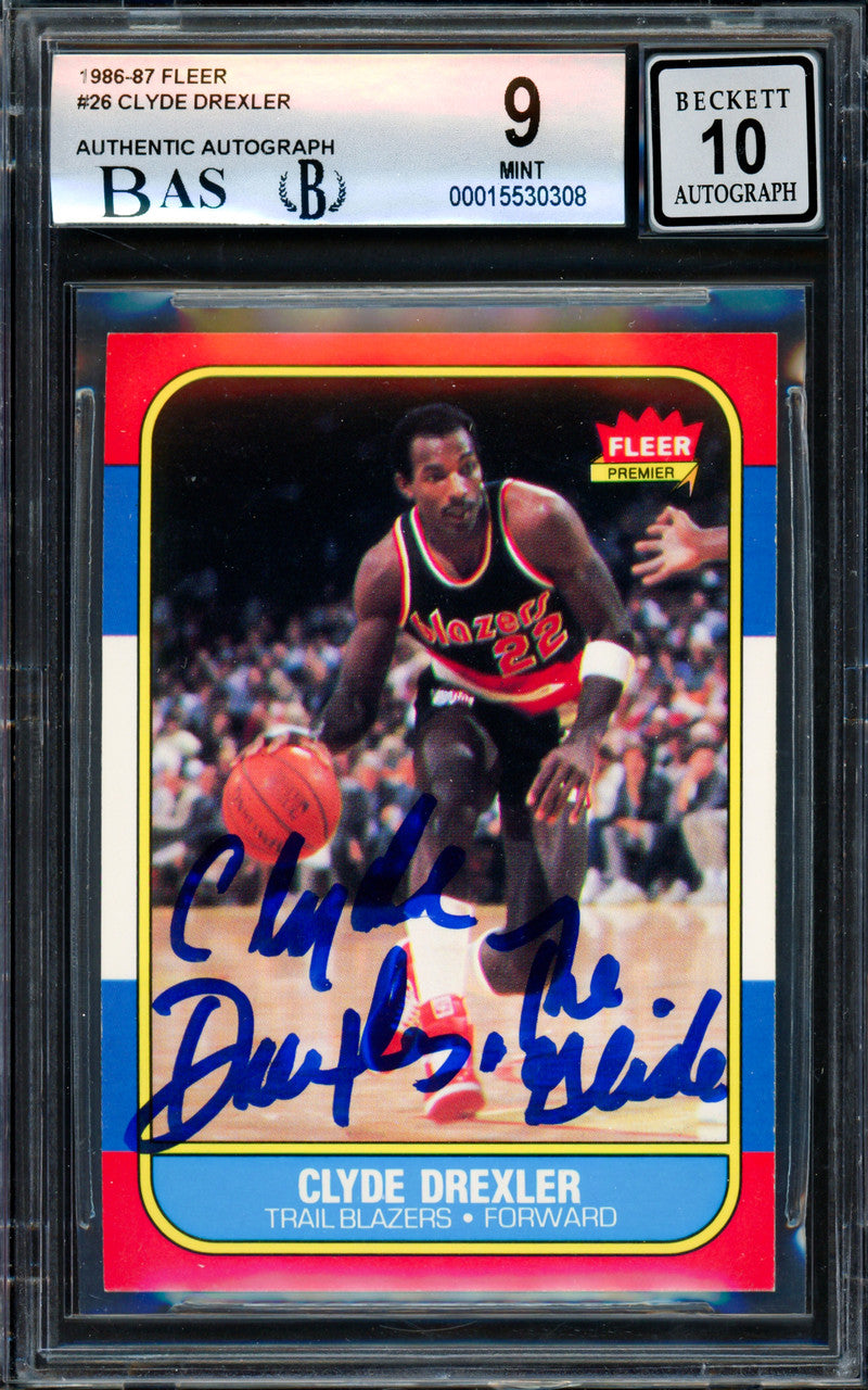 Clyde Drexler Autographed 1986 Fleer "The Glide" Rookie Card #26 Portland Trail Blazers BGS 9 Auto Grade Gem Mint 10 Beckett BAS #15530308