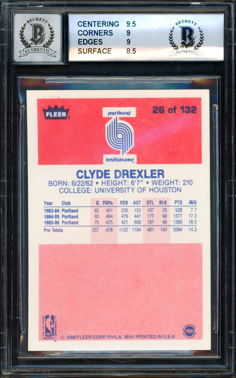 Clyde Drexler Autographed 1986 Fleer "The Glide" Rookie Card #26 Portland Trail Blazers BGS 9 Auto Grade Gem Mint 10 Beckett BAS #15530308