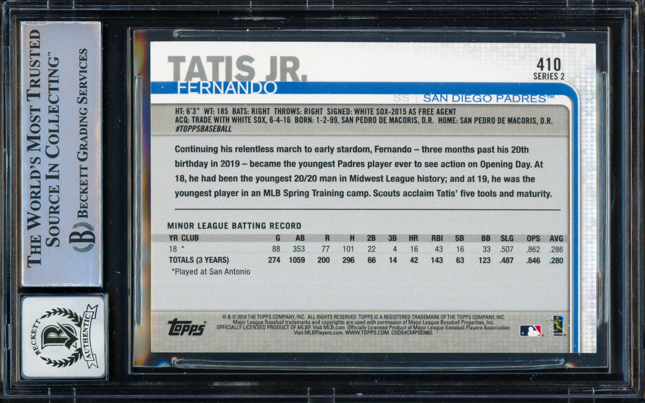 Fernando Tatis Jr. Autographed 2019 Topps Rookie Card #410 San Diego Padres BGS 9 Auto Grade Gem Mint 10 Beckett BAS #15466336