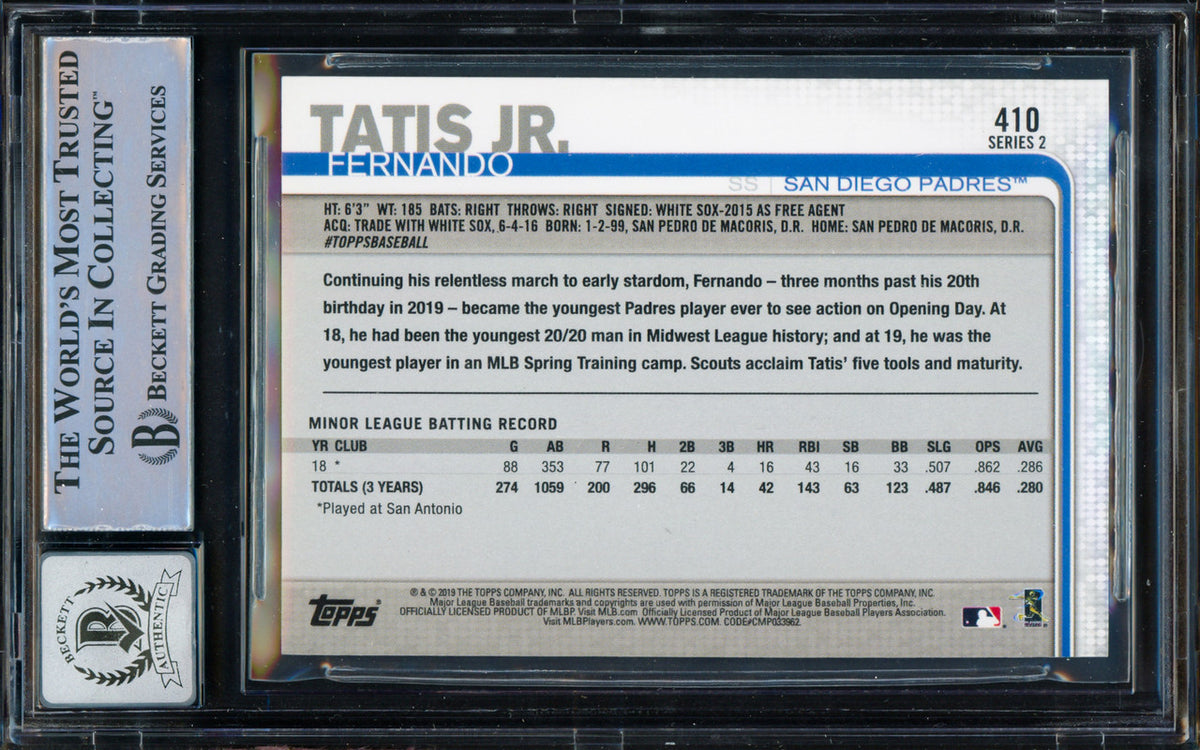 Fernando Tatis Jr. Autographed 2019 Topps Rookie Card #410 San Diego Padres BGS 9 Auto Grade Gem Mint 10 Beckett BAS #15466338