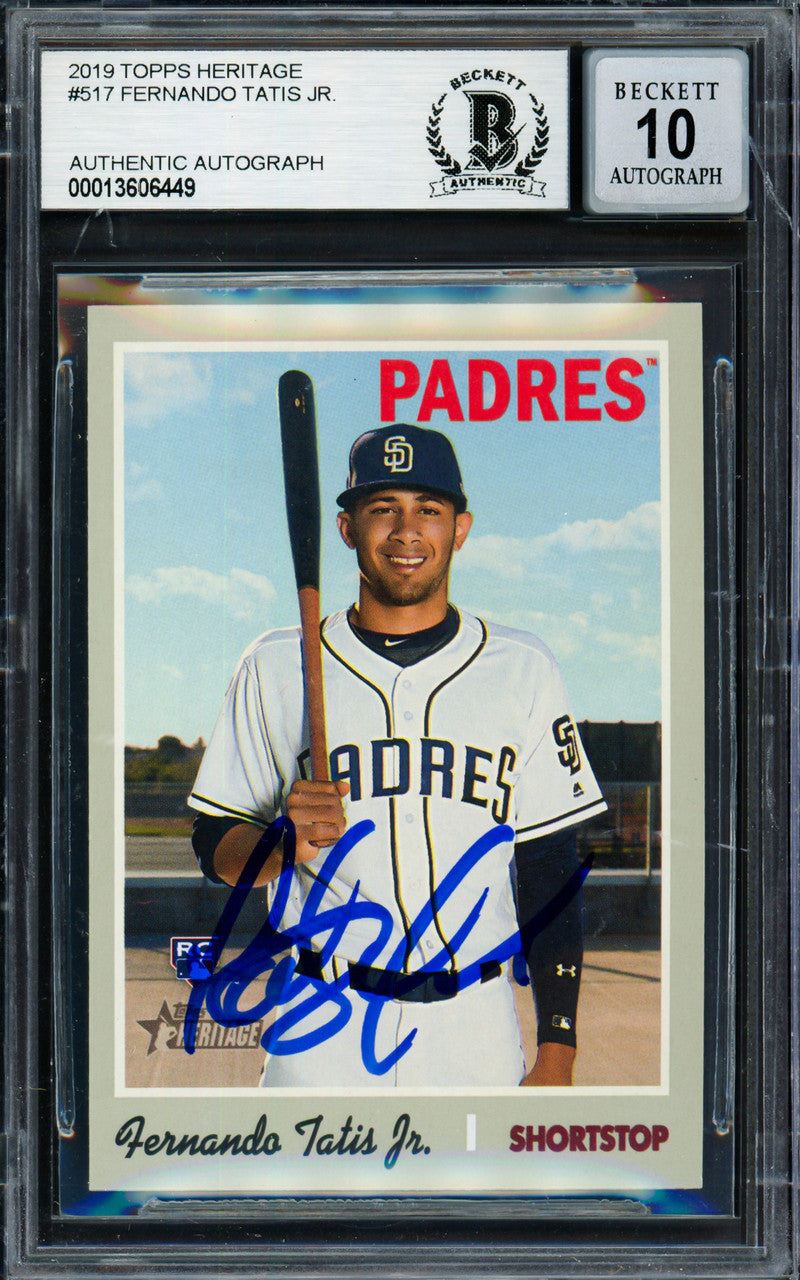 Fernando Tatis Jr. Autographed 2019 Topps Heritage Rookie Card #517 San Diego Padres Auto Grade Gem Mint 10 Beckett BAS #13606449