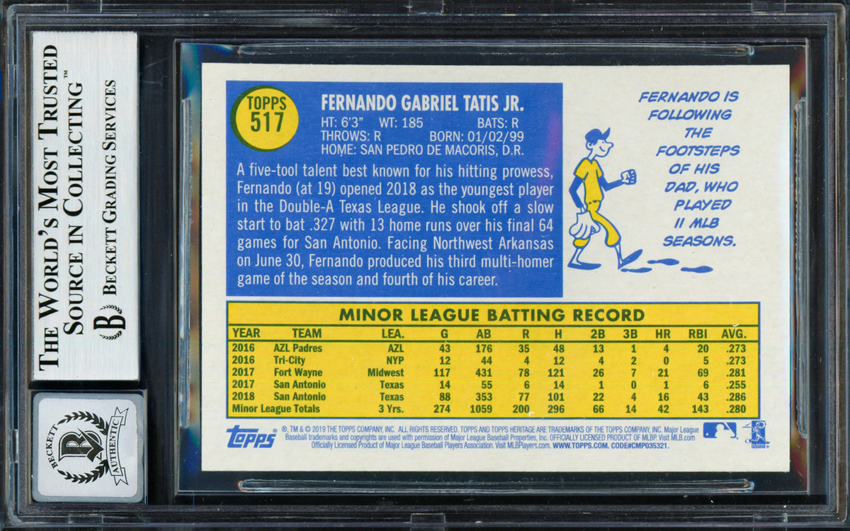 Fernando Tatis Jr. Autographed 2019 Topps Heritage Rookie Card #517 San Diego Padres Auto Grade Gem Mint 10 Beckett BAS #13606449