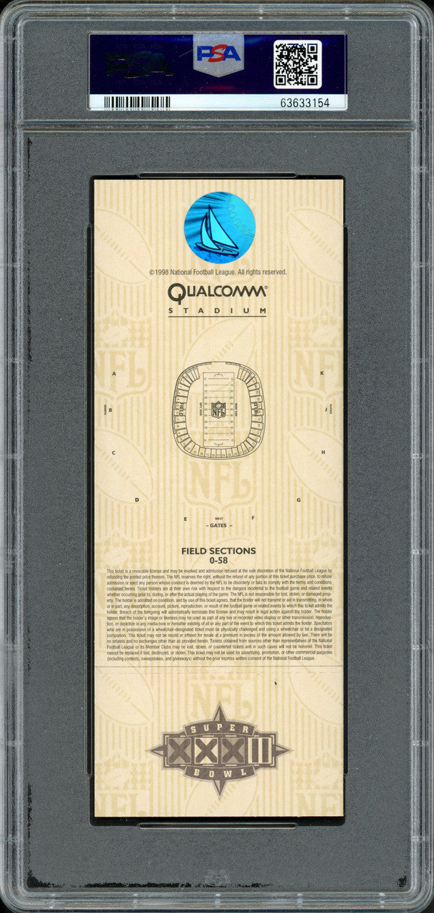 John Elway Autographed 1998 Super Bowl XXXII Ticket Denver Broncos PSA 9 Auto Grade Gem Mint 10 PSA/DNA #63633154