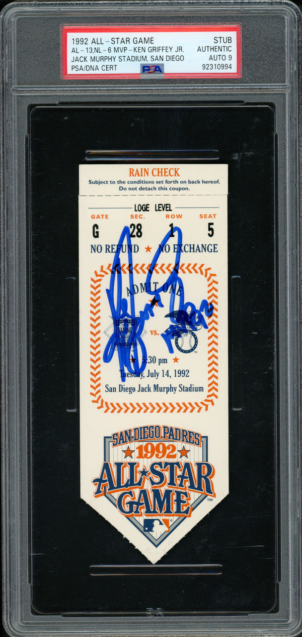 Ken Griffey Jr. Autographed 1992 All Star Game Ticket Seattle Mariners Auto Grade Mint 9 "MVP 92" PSA/DNA #92310994