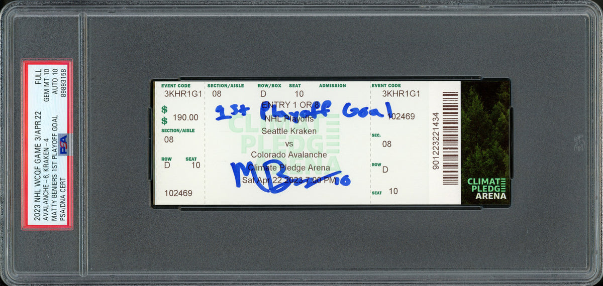 Matty Beniers Autographed 1st NHL Playoff Goal Ticket Seattle Kraken PSA 10 Auto Grade Gem Mint 10 "1st Playoff Goal" PSA/DNA #89893158