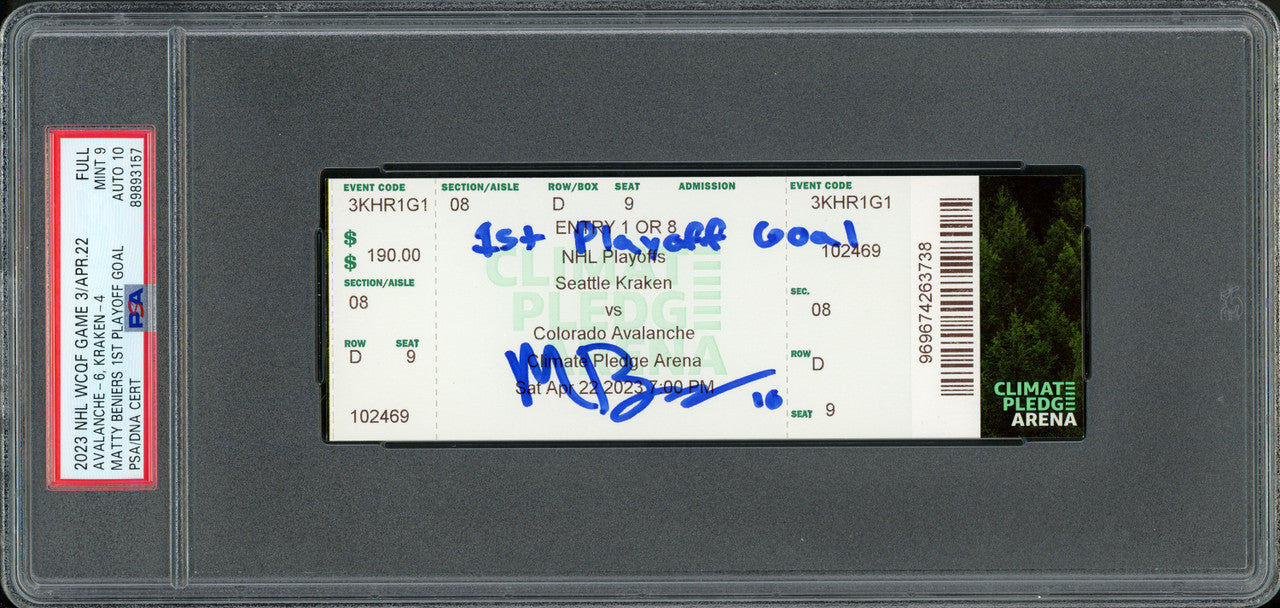 Matty Beniers Autographed 1st NHL Playoff Goal Ticket Seattle Kraken PSA 9 Auto Grade Gem Mint 10 "1st Playoff Goal" PSA/DNA #89893157