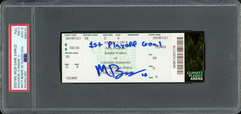 Matty Beniers Autographed 1st NHL Playoff Goal Ticket Seattle Kraken PSA 9 Auto Grade Gem Mint 10 "1st Playoff Goal" PSA/DNA #89893157