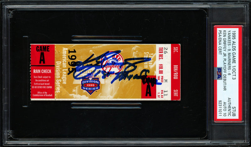 Ken Griffey Jr. Autographed 1995 ALDS Game 1 Ticket Seattle Mariners Auto Grade Gem Mint 10 "1st Playoff HR" PSA/DNA #92311011