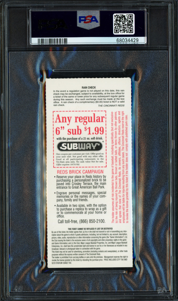 Ken Griffey Jr. Autographed 2000th Hit Ticket 6/18/2002 Seattle Mariners PSA 6 Auto Grade Gem Mint 10 PSA/DNA #68034429