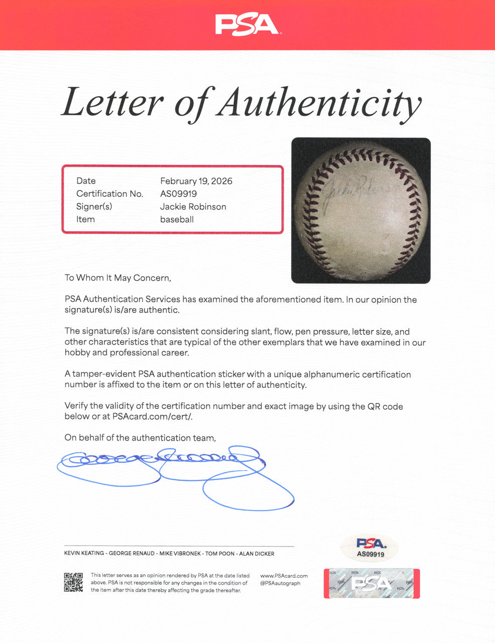 Jackie Robinson Autographed Single Signed Official Spalding NL Baseball Brooklyn Dodgers PSA/DNA #AS09919