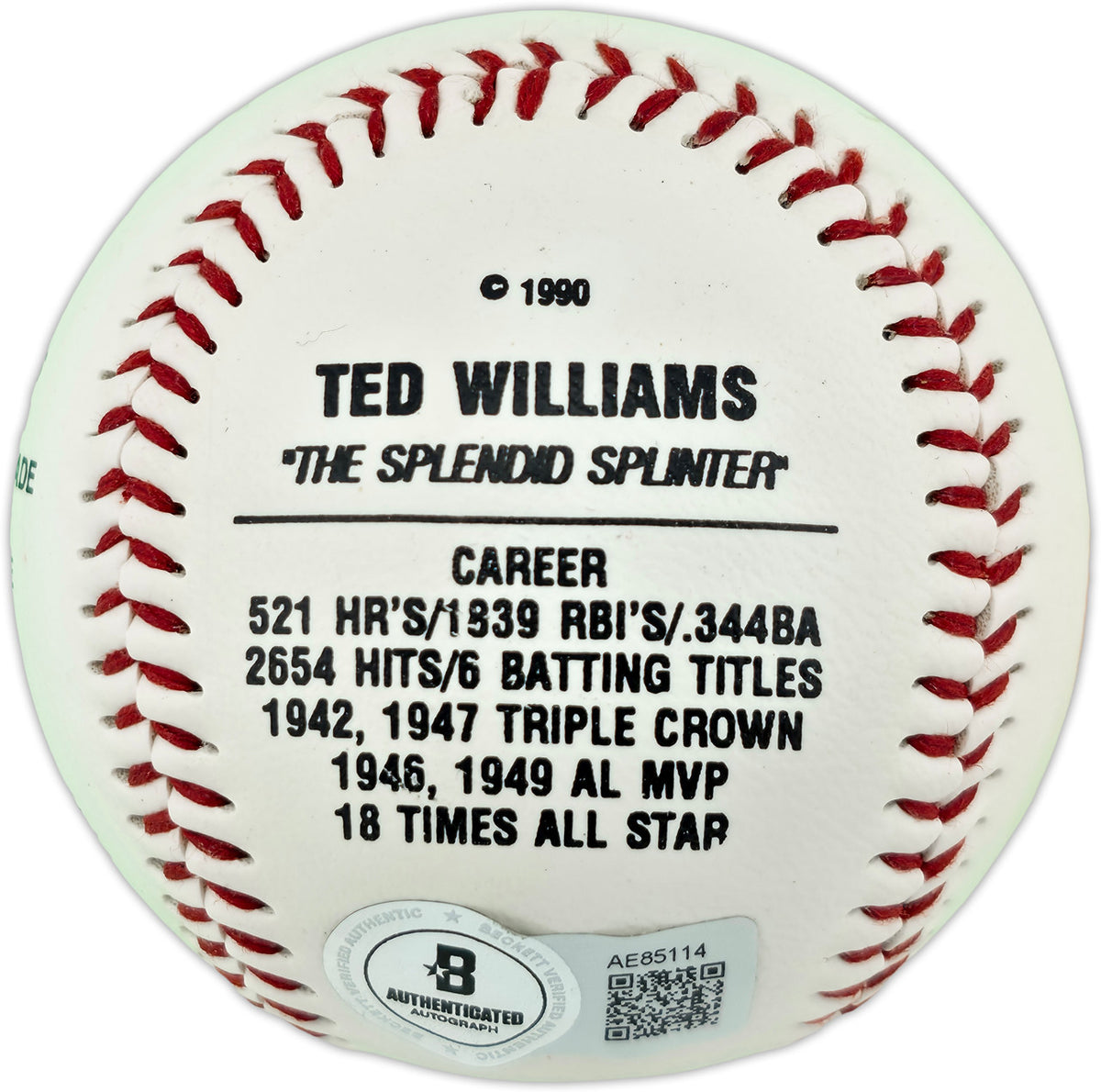 Ted Williams Autographed Official Fotoball Baseball Boston Red Sox Beckett BAS #AE85114