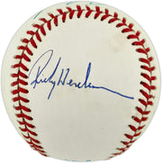 Rickey Henderson, Lou Brock & Maury Wills Autographed Official AL Baseball Greatest Base Stealers of All Time Beckett BAS #AE85113