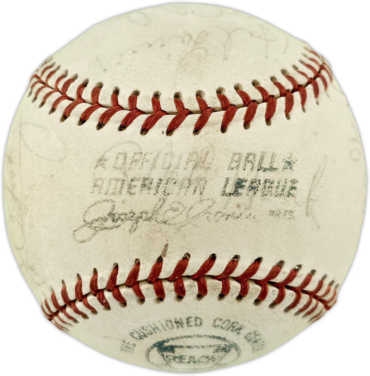 1973 New York Yankees Autographed Official Cronin American League Baseball With 23 Signatures Including Thurman Munson Beckett BAS #AE85551