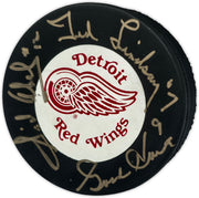Gordie Howe, Sid Abel, & Ted Lindsay Autographed Official Detroit Red Wings Logo Hockey Puck Production Line Beckett BAS #AE85136