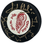 Gordie Howe, Sid Abel, & Ted Lindsay Autographed Official Detroit Red Wings Logo Hockey Puck Production Line Beckett BAS #AE85136