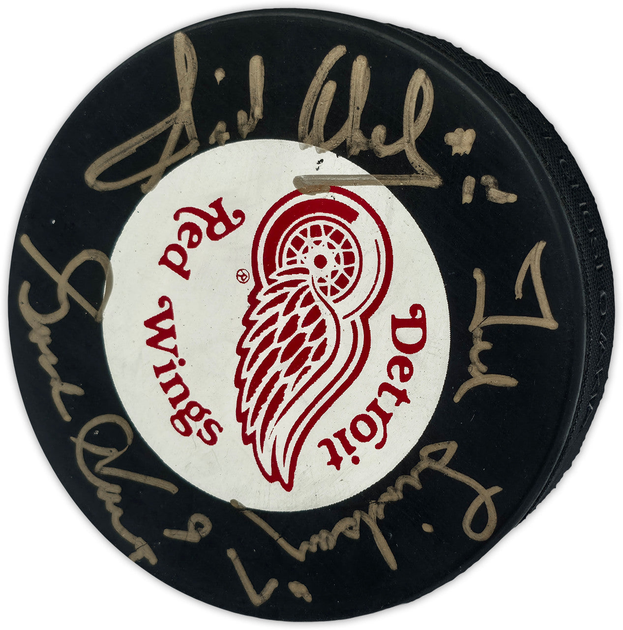 Gordie Howe, Sid Abel, & Ted Lindsay Autographed Official Detroit Red Wings Logo Hockey Puck Production Line Beckett BAS #AE85136