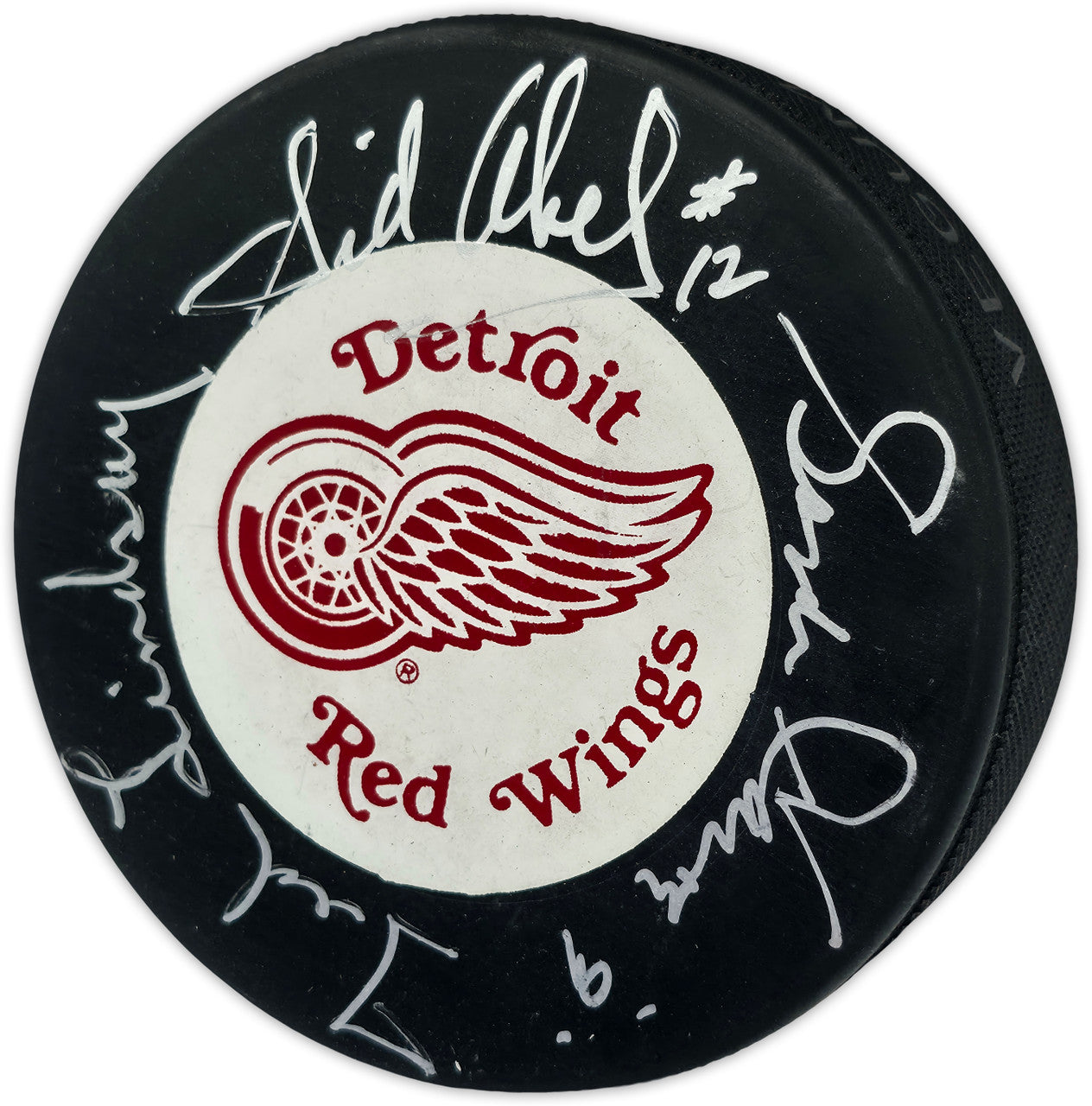 Gordie Howe, Sid Abel, & Ted Lindsay Autographed Official Detroit Red Wings Logo Hockey Puck Production Line Beckett BAS #AE85128