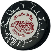 Gordie Howe, Sid Abel, & Ted Lindsay Autographed Official Detroit Red Wings Logo Hockey Puck Production Line Beckett BAS #AE85128