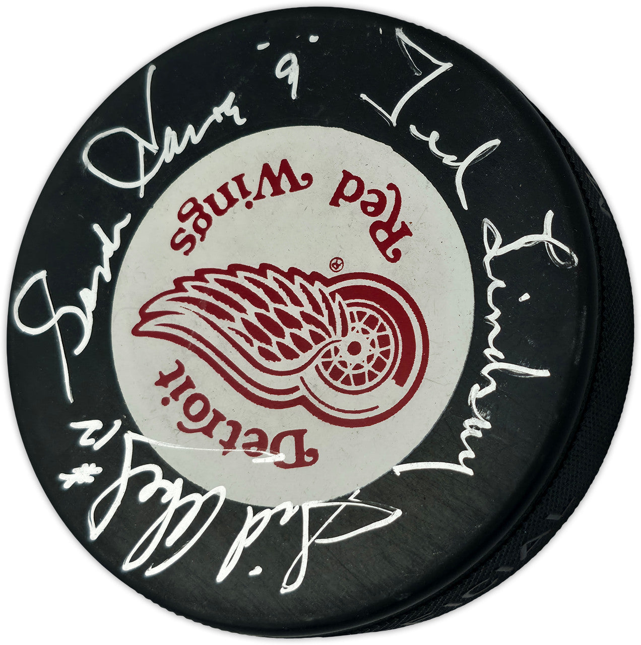 Gordie Howe, Sid Abel, & Ted Lindsay Autographed Official Detroit Red Wings Logo Hockey Puck Production Line Beckett BAS #AE85128