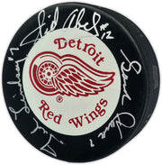 Gordie Howe, Sid Abel, & Ted Lindsay Autographed Official Detroit Red Wings Logo Hockey Puck Production Line Beckett BAS #AE85134