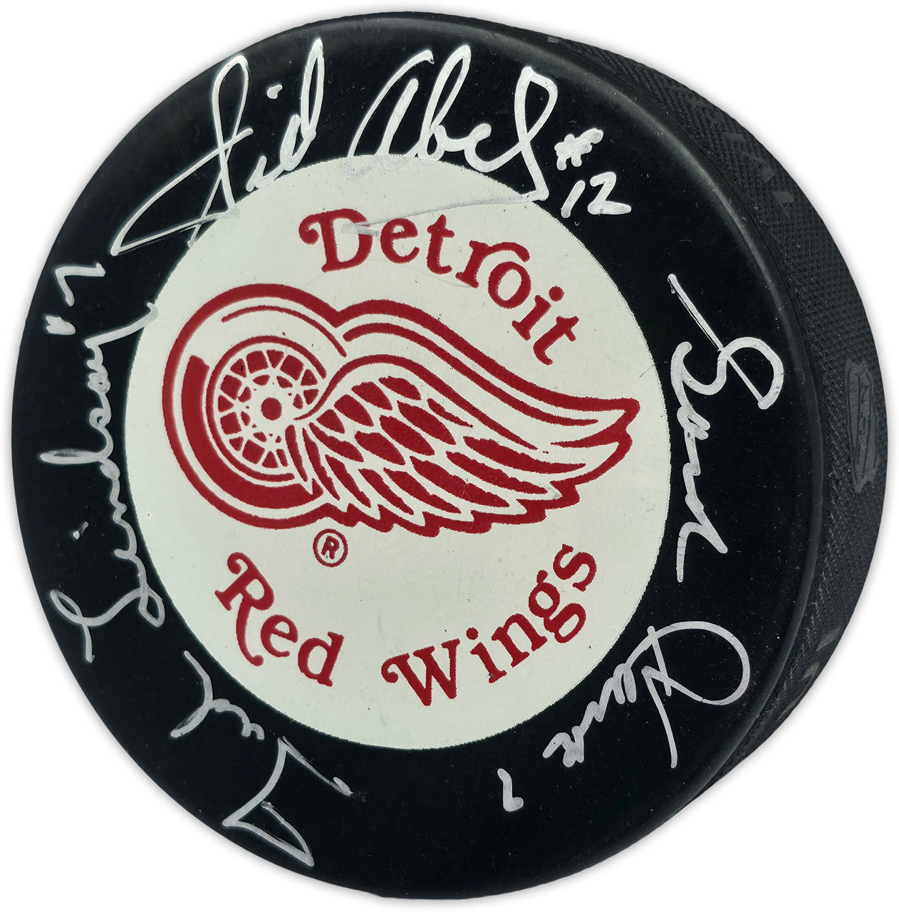 Gordie Howe, Sid Abel, & Ted Lindsay Autographed Official Detroit Red Wings Logo Hockey Puck Production Line Beckett BAS #AE85134