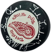 Gordie Howe, Sid Abel, & Ted Lindsay Autographed Official Detroit Red Wings Logo Hockey Puck Production Line Beckett BAS #AE85134