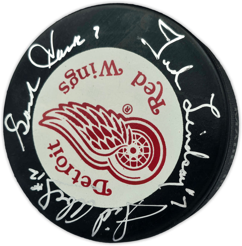 Gordie Howe, Sid Abel, & Ted Lindsay Autographed Official Detroit Red Wings Logo Hockey Puck Production Line Beckett BAS #AE85134