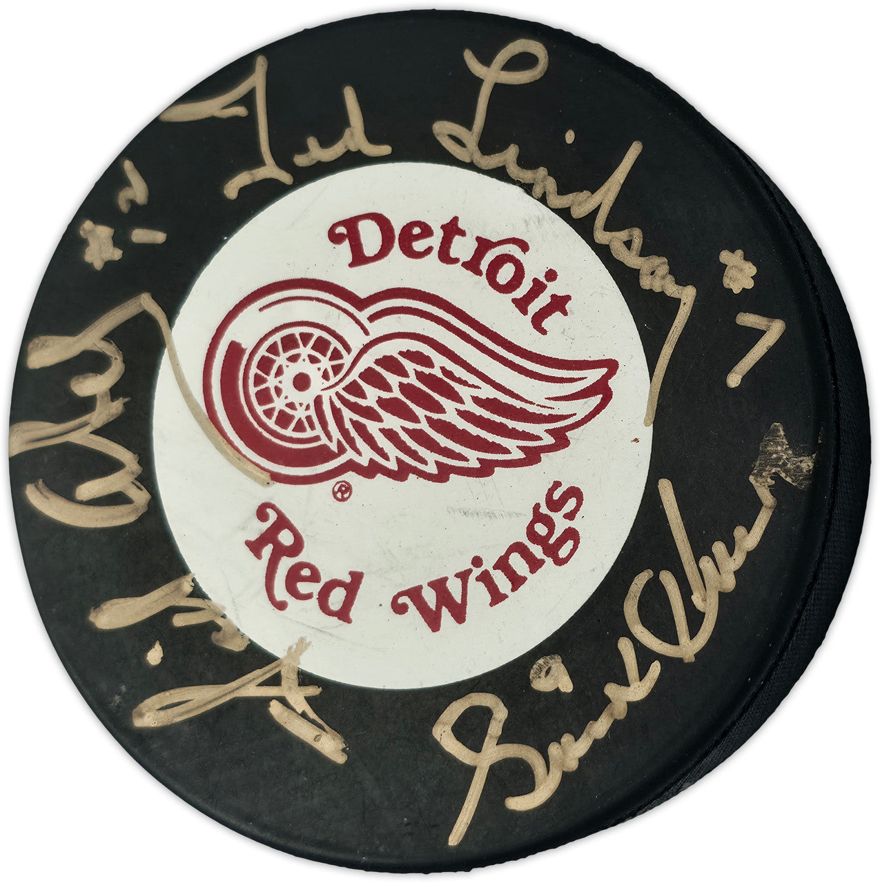 Gordie Howe, Sid Abel, & Ted Lindsay Autographed Official Detroit Red Wings Logo Hockey Puck Production Line Beckett BAS #AE85135