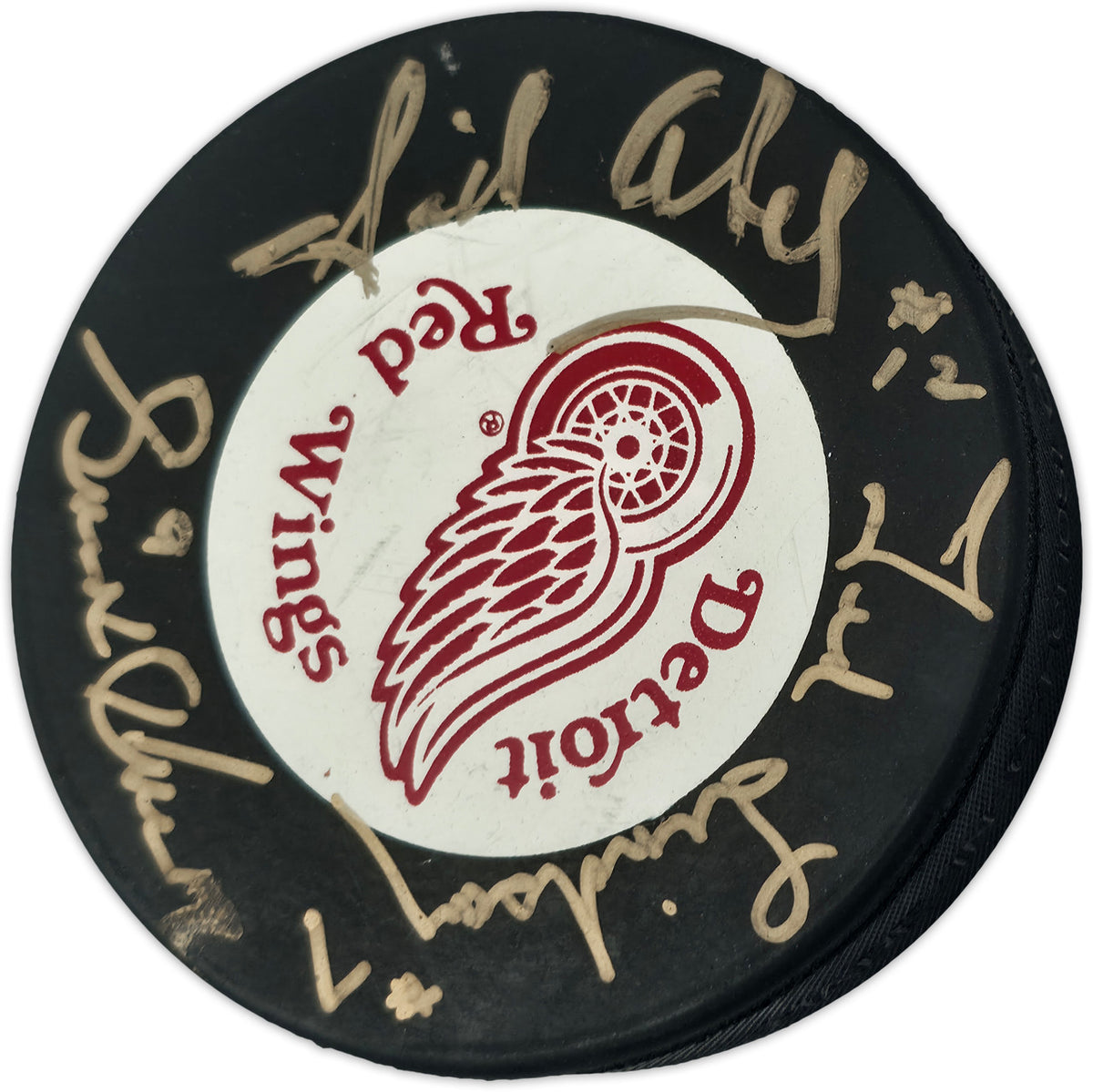Gordie Howe, Sid Abel, & Ted Lindsay Autographed Official Detroit Red Wings Logo Hockey Puck Production Line Beckett BAS #AE85135