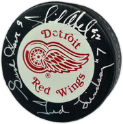 Gordie Howe, Sid Abel, & Ted Lindsay Autographed Official Detroit Red Wings Logo Hockey Puck Production Line Beckett BAS #AE85131