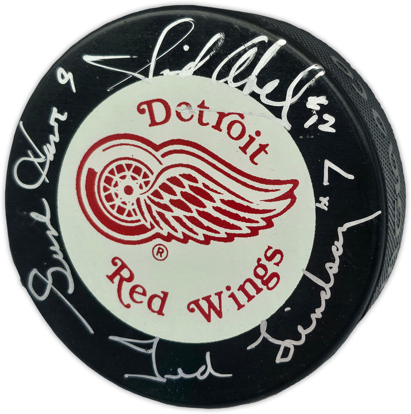 Gordie Howe, Sid Abel, & Ted Lindsay Autographed Official Detroit Red Wings Logo Hockey Puck Production Line Beckett BAS #AE85131