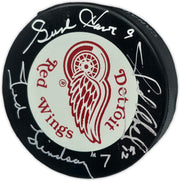 Gordie Howe, Sid Abel, & Ted Lindsay Autographed Official Detroit Red Wings Logo Hockey Puck Production Line Beckett BAS #AE85131