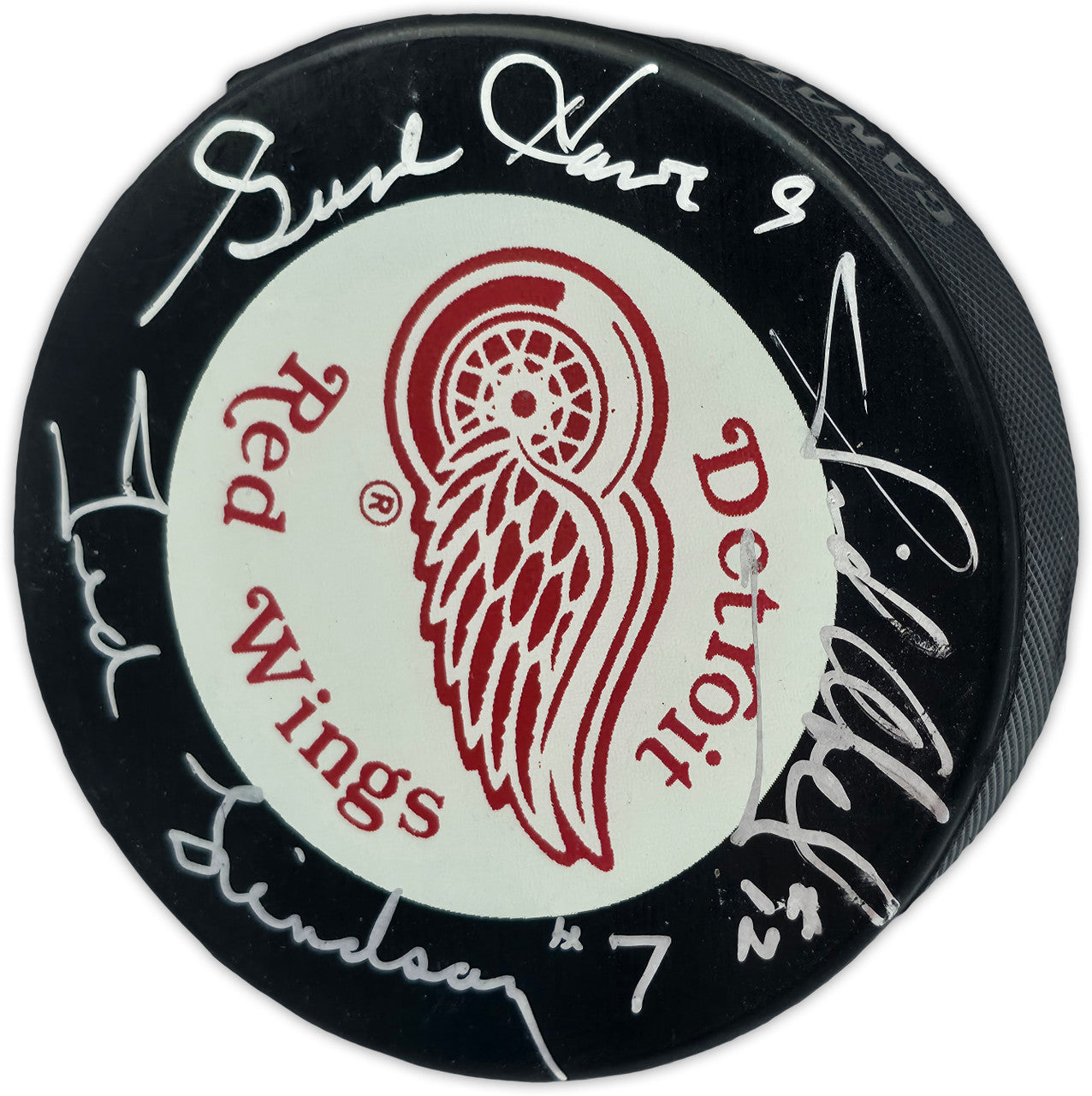 Gordie Howe, Sid Abel, & Ted Lindsay Autographed Official Detroit Red Wings Logo Hockey Puck Production Line Beckett BAS #AE85131
