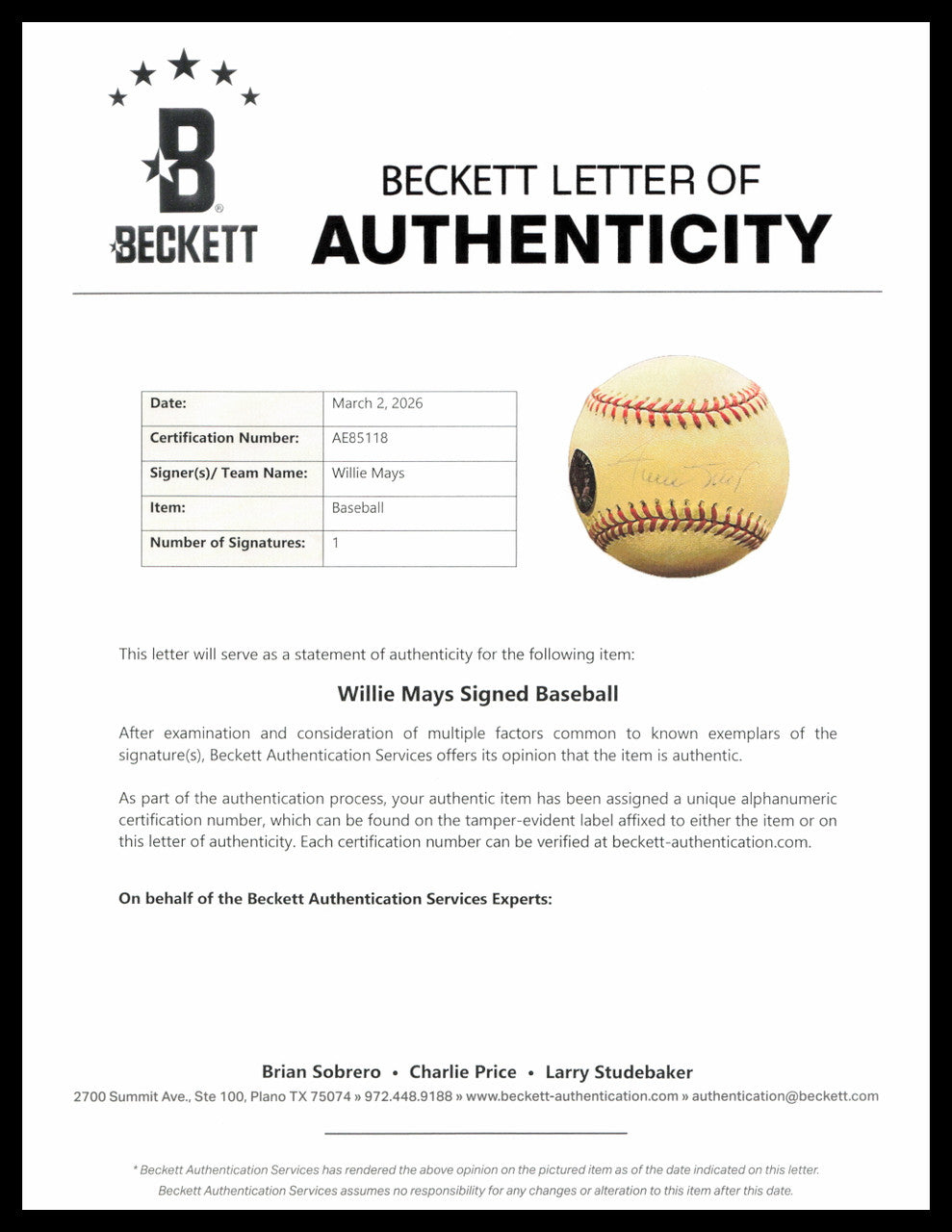 Willie Mays Autographed Official NL Baseball San Francisco Giants Beckett BAS #AE85118