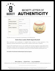 Rickey Henderson, Lou Brock & Maury Wills Autographed Official AL Baseball Greatest Base Stealers of All Time Beckett BAS #AE85113