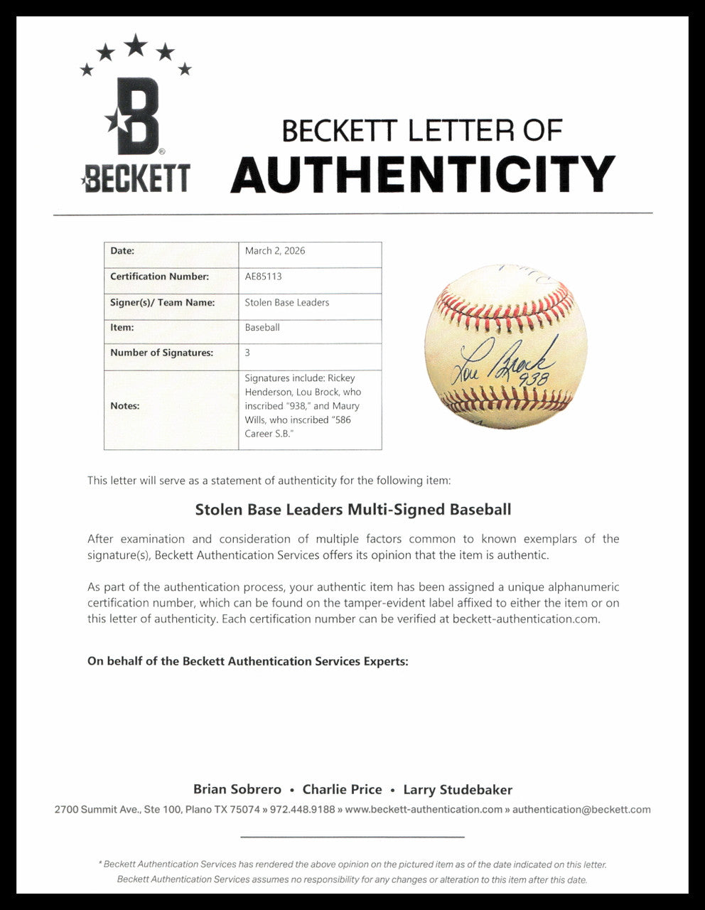 Rickey Henderson, Lou Brock & Maury Wills Autographed Official AL Baseball Greatest Base Stealers of All Time Beckett BAS #AE85113