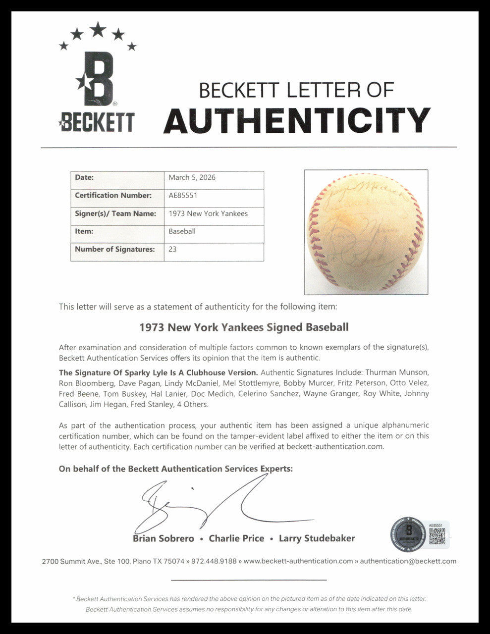 1973 New York Yankees Autographed Official Cronin American League Baseball With 23 Signatures Including Thurman Munson Beckett BAS #AE85551